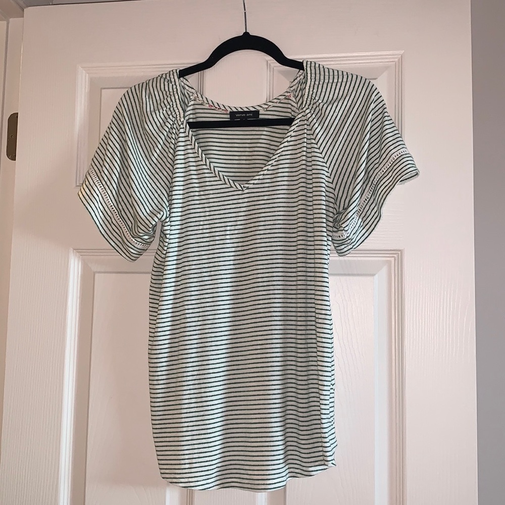 Short sleeved striped ruffled arm top